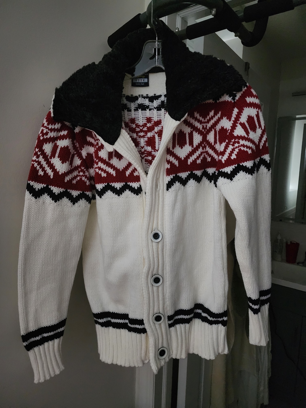 Men's THICK Cream Fair Isle Zip-Up Sweater with Black Faux Fur Collar.